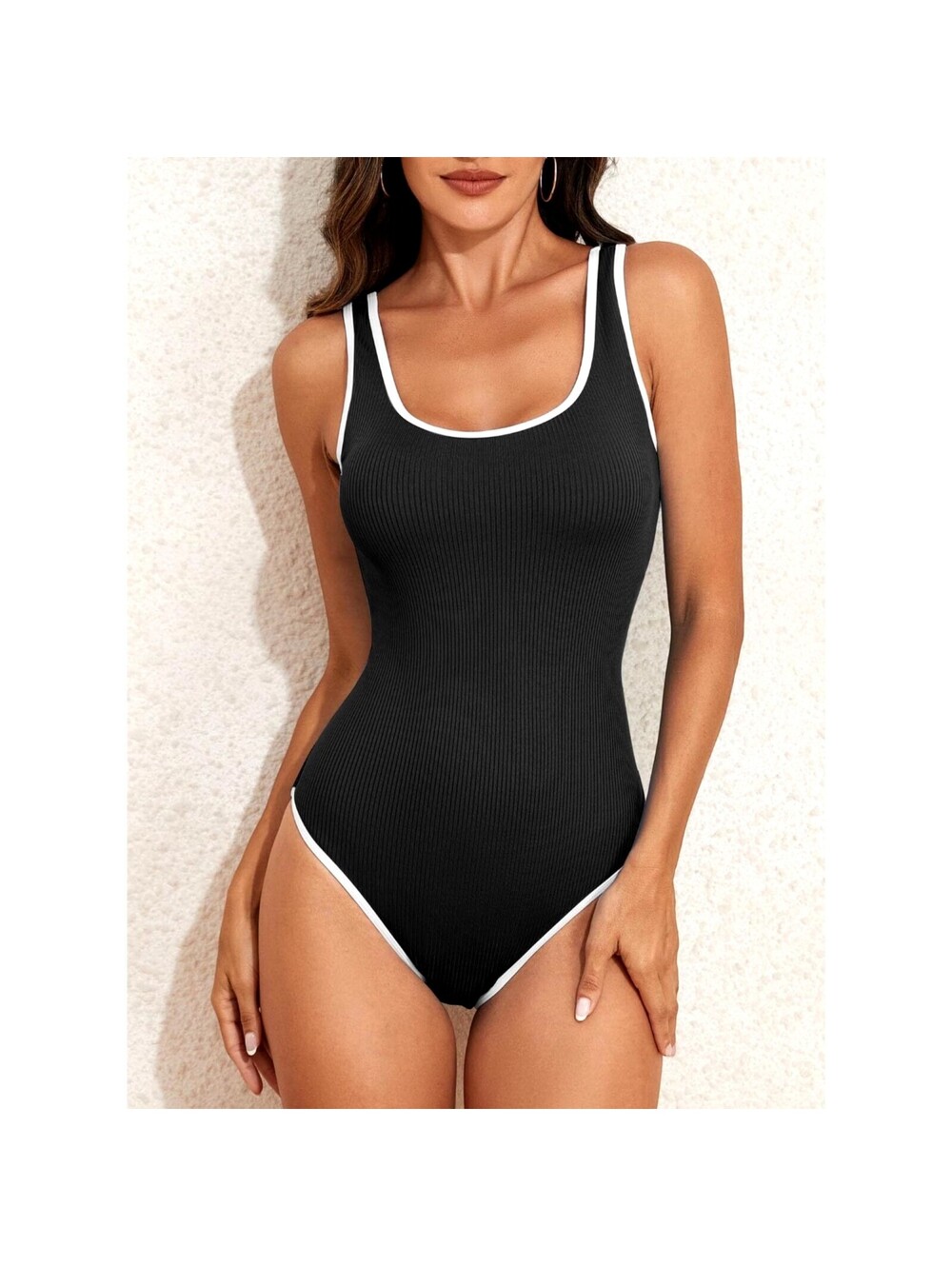 NWOT Dokotoo Women’s Black Ribbed Scoop Neck Tummy Control Swimsuit, M (8-10)